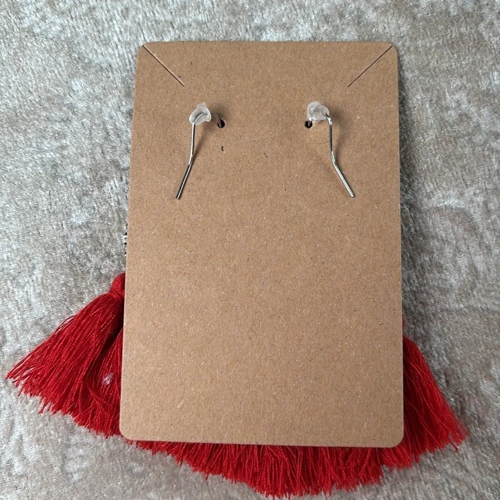 Brand New Red Tassel Oxidized Metal Floral Crescent Boho Festival Drop Earrings